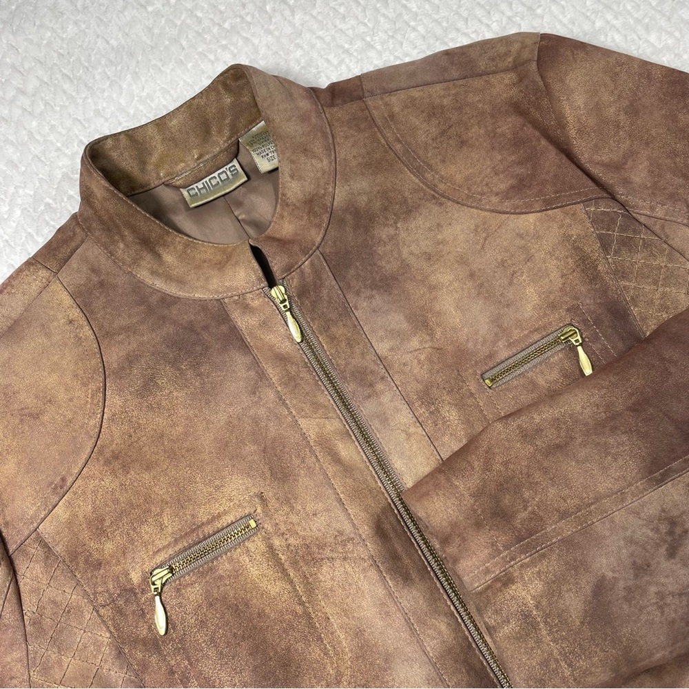 Chico's Faux Suede BrownAnd Gold Metallic Lightweight Jacket Size 1 (Medium)